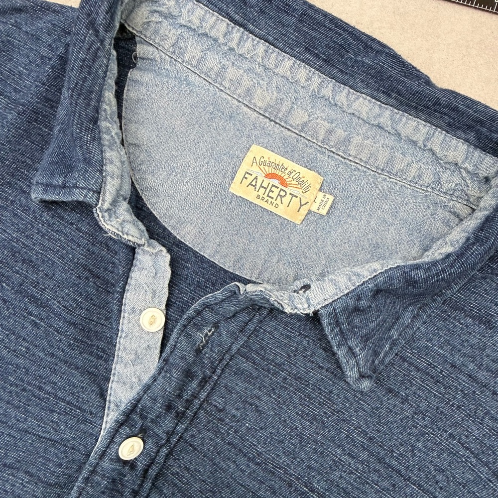 Faherty Men’s Short Sleeve Cotton Jersey Indigo Dyed Polo Size L
